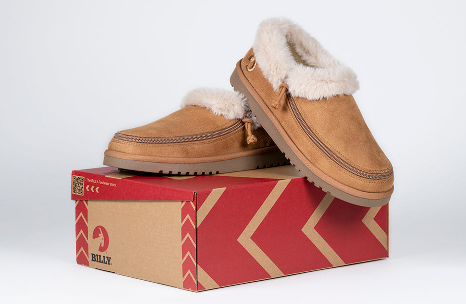 Women's Chestnut BILLY Cozy Slippers with faux suede and fur, ideal for diabetic feet, plantar fasciitis, bunions, and orthotics.