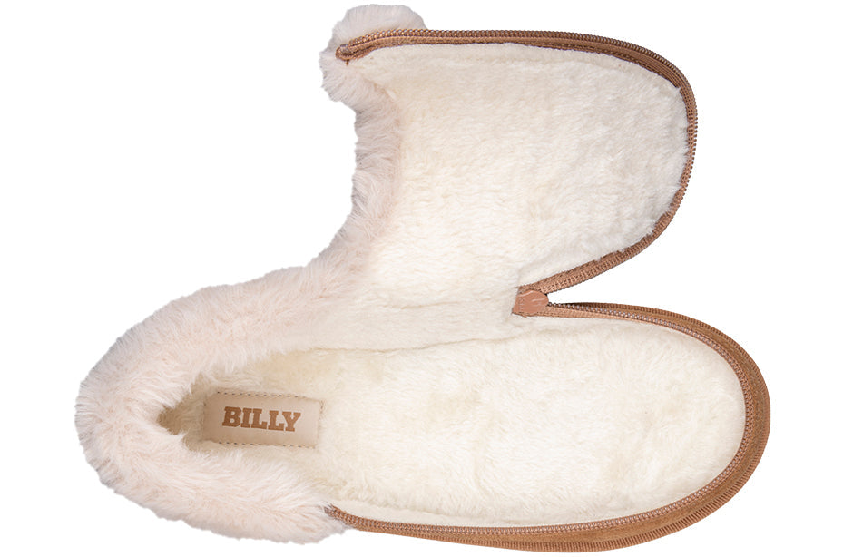 Women's Chestnut BILLY Cozy Slippers with faux fur interior, ideal for diabetes, plantar fasciitis, bunions, and extra wide feet comfort.