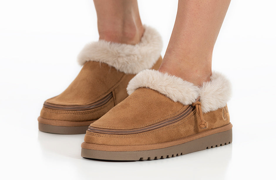 Women's chestnut BILLY Cozy Slippers, faux suede and fur, perfect for bunions, wide feet, diabetes, plantar fasciitis, orthotics.