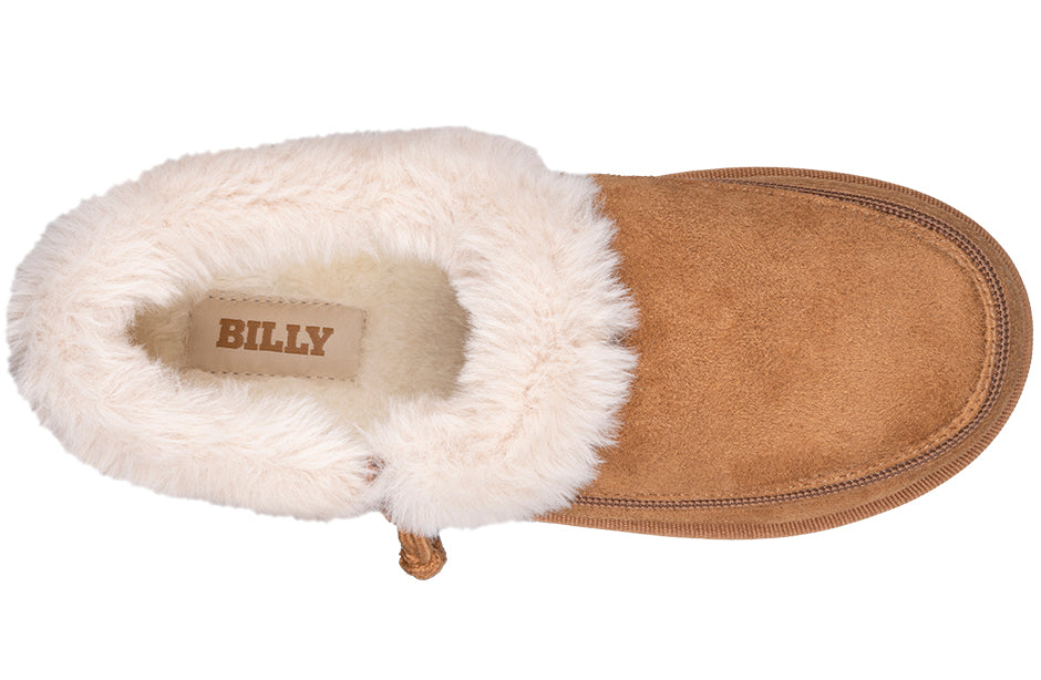 Women's Chestnut BILLY Cozy Slippers with faux fur lining, ideal shoes for plantar fasciitis, wide feet, and orthotics.