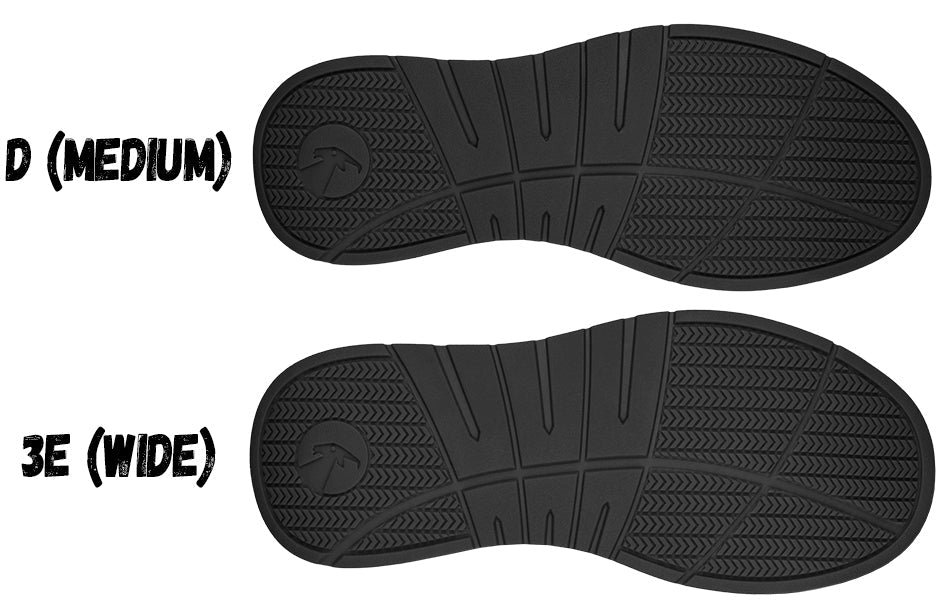 Comparison of men's work shoe soles in D (medium) and 3E (wide) widths, highlighting slip-resistant treads and comfort for wide feet.