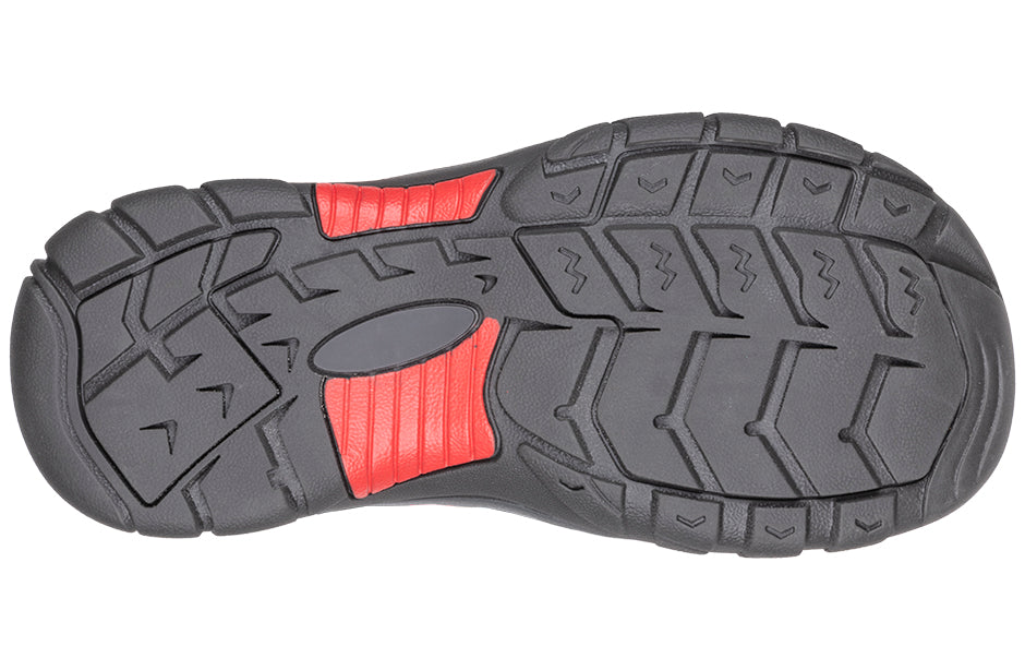 Rubber outsole of Tie Dye BILLY River Sandals with traction for shoes accommodating orthotics, plantar fasciitis, and wide feet.