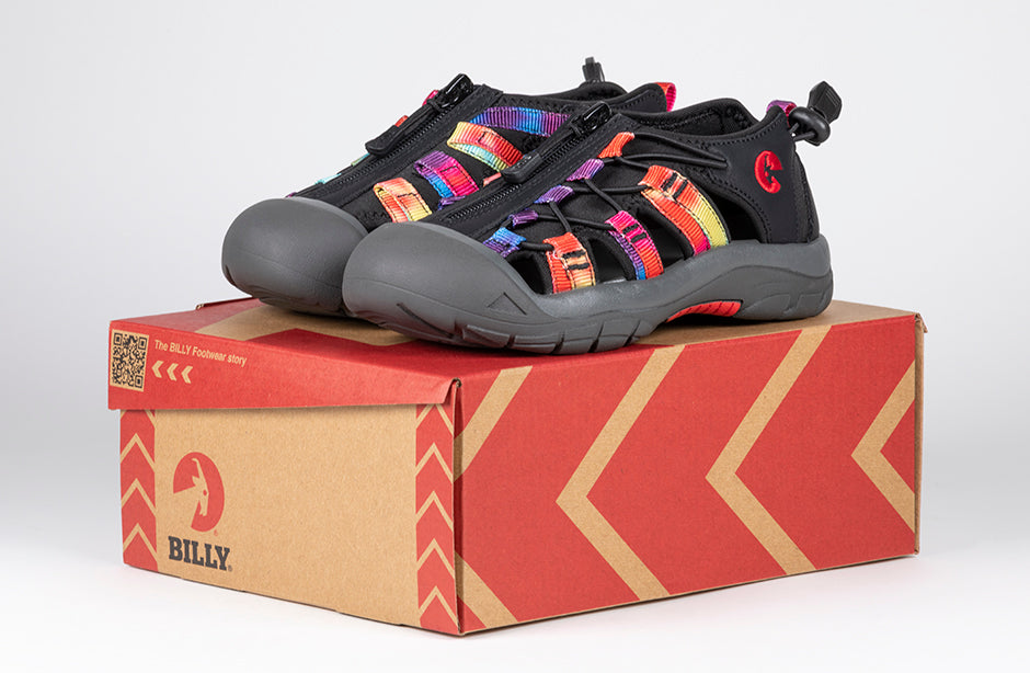 Tie Dye BILLY River Sandals with adjustable bungee for wide feet and orthotics, ideal for plantar fasciitis and diabetes, on a BILLY box.