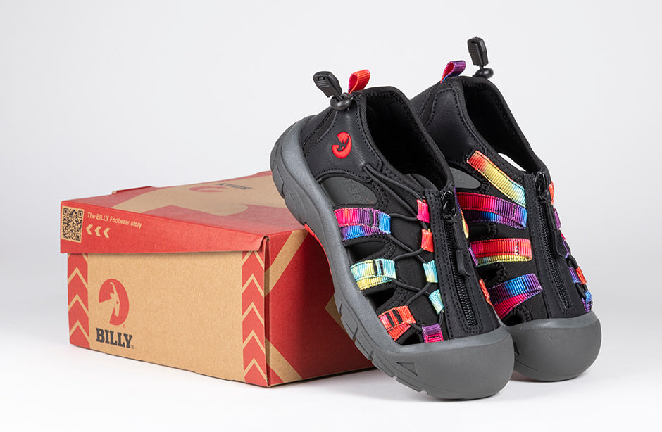 Tie Dye BILLY River Sandals with faux leather, elastic for durability, rubber outsole, adjustable bungee; ideal for orthotics and wide feet.