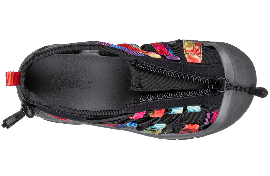Top view of Tie Dye BILLY River Sandals with zipper closure, ideal for wide feet, bunions, plantar fasciitis, and orthotics.