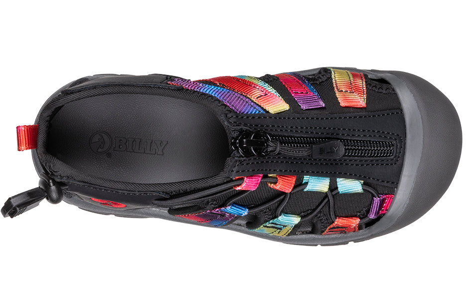Tie Dye BILLY River Sandals with zipper closure, suitable for diabetes, plantar fasciitis, bunions, wide feet, and orthotics use.