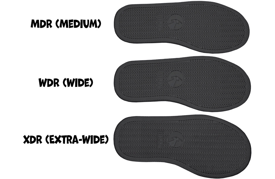 Three shoe sole sizes: MDR (Medium), WDR (Wide), and XDR (Extra-Wide) for the BILLY D|R II series.