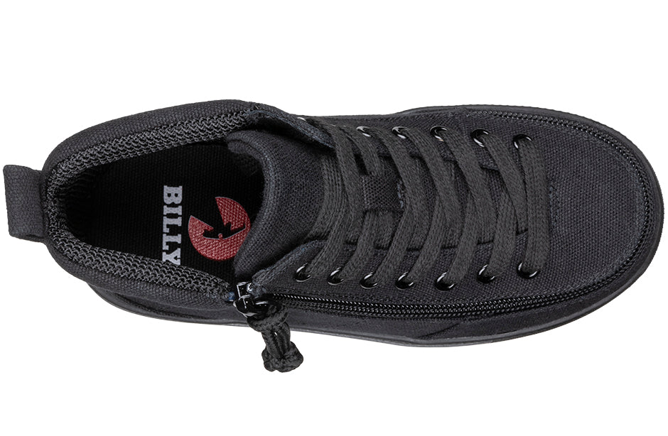 Top view of Black BILLY Classic D|R II High Tops with zipper for easy access, ideal shoes for diabetes, plantar fasciitis, and orthotics.