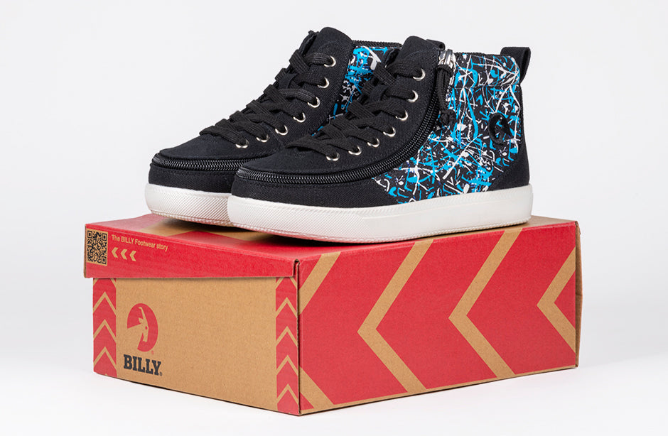 Black Graffiti BILLY D|R II High Tops with zipper on shoe box; ideal for diabetics, plantar fasciitis, bunions, wheelchair use.
