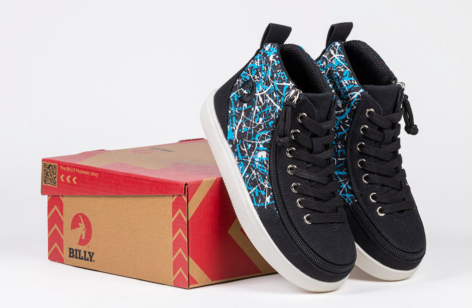 Black Graffiti BILLY D|R II High Tops on a box, ideal shoes for diabetes, plantar fasciitis, bunions, wide feet, and orthotics.