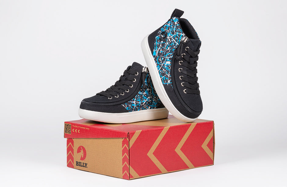 Black Graffiti BILLY Classic High Tops with perimeter zipper, designed for wide feet, plantar fasciitis, diabetes, and orthotics.
