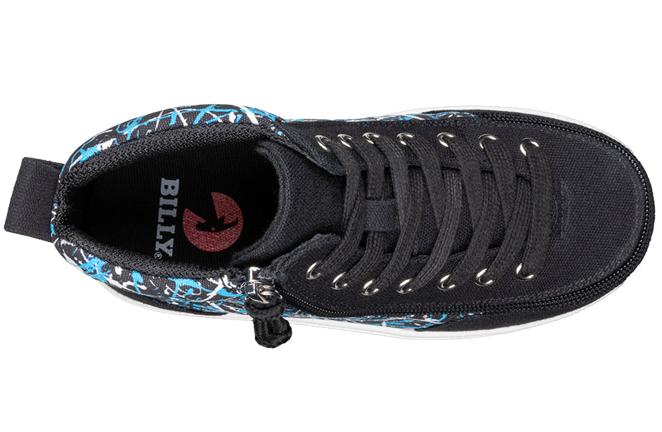Top view of Black Graffiti BILLY Classic D|R II High Tops with easy-access zipper, ideal for wide feet, diabetics, and orthotics.