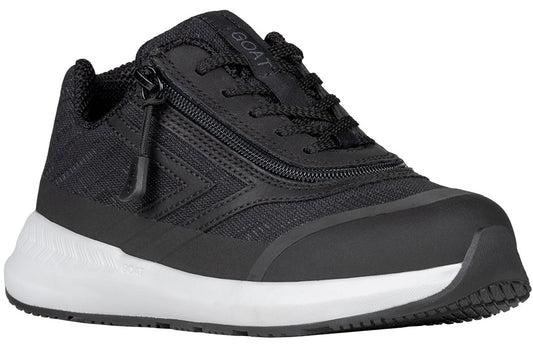 Black BILLY Goat AFO-Friendly shoe with zip closure, ideal for diabetes, plantar fasciitis, bunions, and orthotic use.