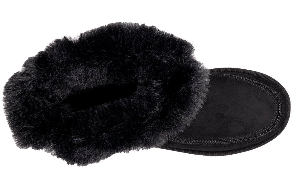 Top view of Kids Black BILLY Cozy Boots with faux suede and plush inner lining, ideal for orthotics and wide feet comfort.