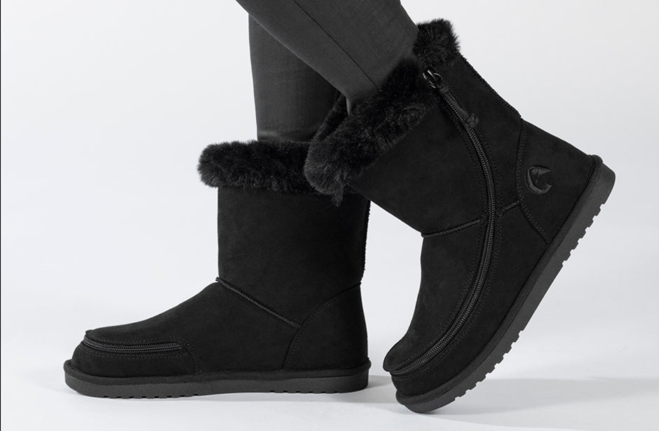 Black BILLY Cozy Boots for kids, suitable for diabetes, plantar fasciitis, bunions, wide feet, extra wide feet, wheelchair use, and orthotics.