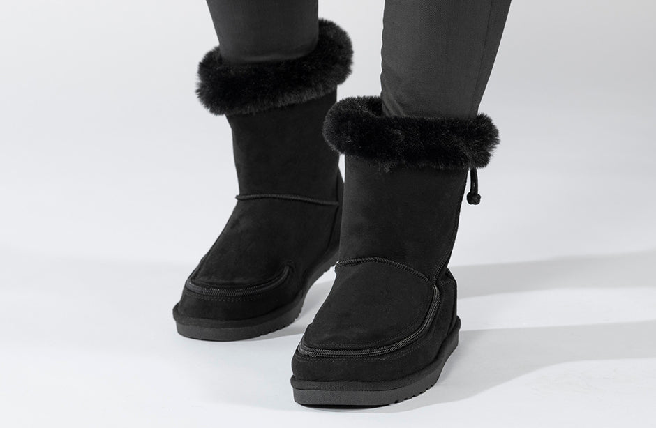Kids Black BILLY Cozy Boots, ideal for wide feet and orthotics, featuring faux suede upper and rubber sole for comfort and support.