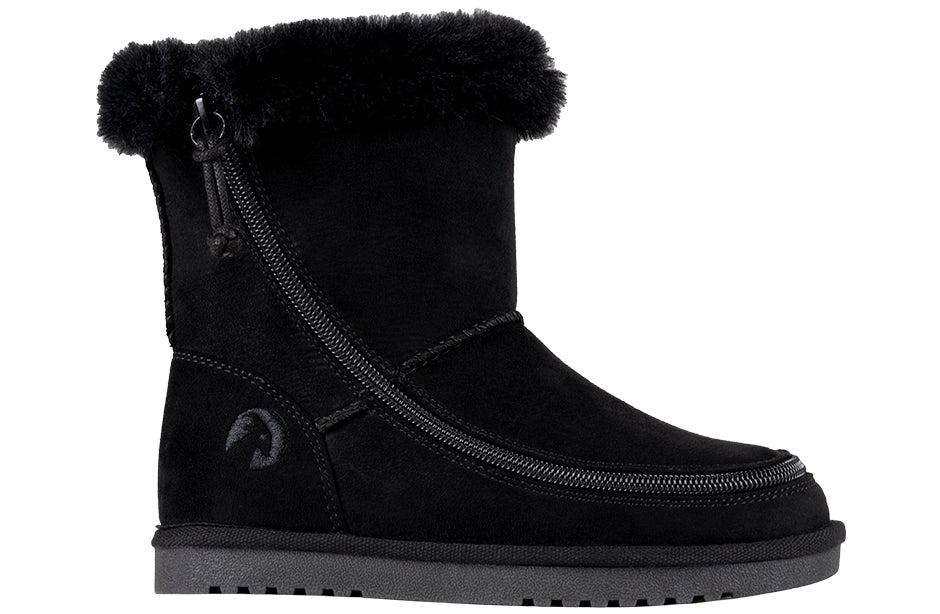 Kids Black BILLY Cozy Boots for diabetes, plantar fasciitis, bunions, wide feet, wheelchair use, orthotics; faux suede, flannel lining.