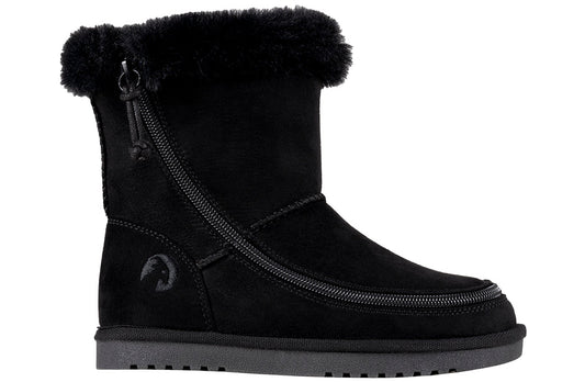 Kids Black BILLY Cozy Boots for diabetes, plantar fasciitis, bunions, wide feet, wheelchair use, orthotics; faux suede, flannel lining.