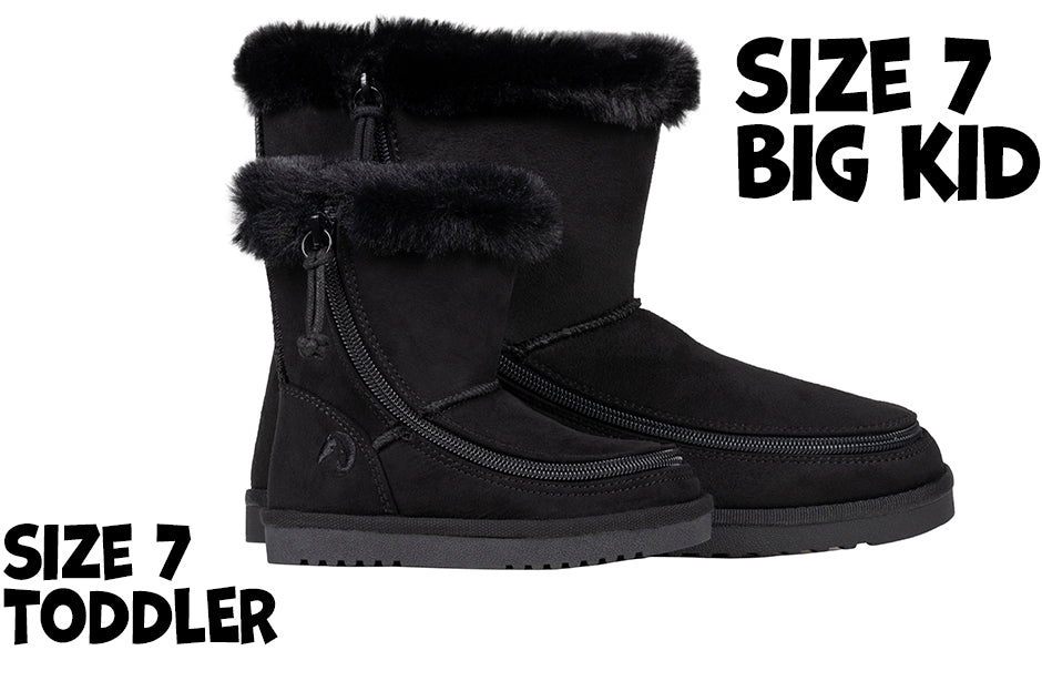 Kids Black BILLY Cozy Boots, faux suede and flannel, size 7 for toddlers and big kids, ideal for orthotics and wide feet.