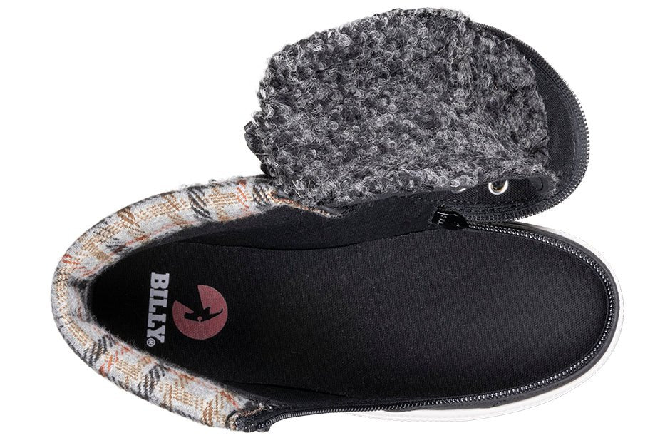 Top view of Black BILLY Cuffs shoe with faux fur and flannel cuff, designed for wide feet, plantar fasciitis, and orthotic use.