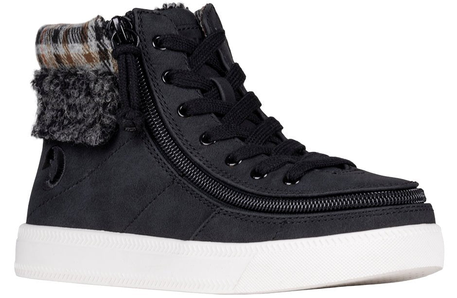 Black BILLY Cuffs high top shoe with flannel faux fur cuff, ideal for diabetes, plantar fasciitis, bunions, wide and orthotic support.