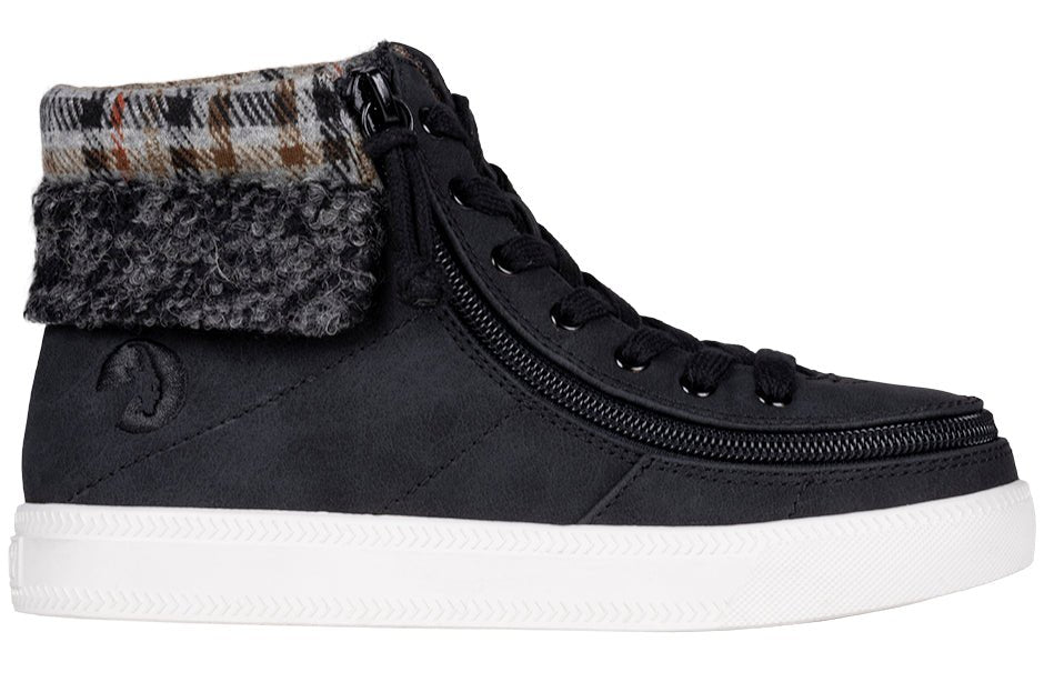 Black BILLY Cuffs high top shoe with flannel and faux fur cuff, ideal for diabetic feet, plantar fasciitis, bunions, and orthotics.