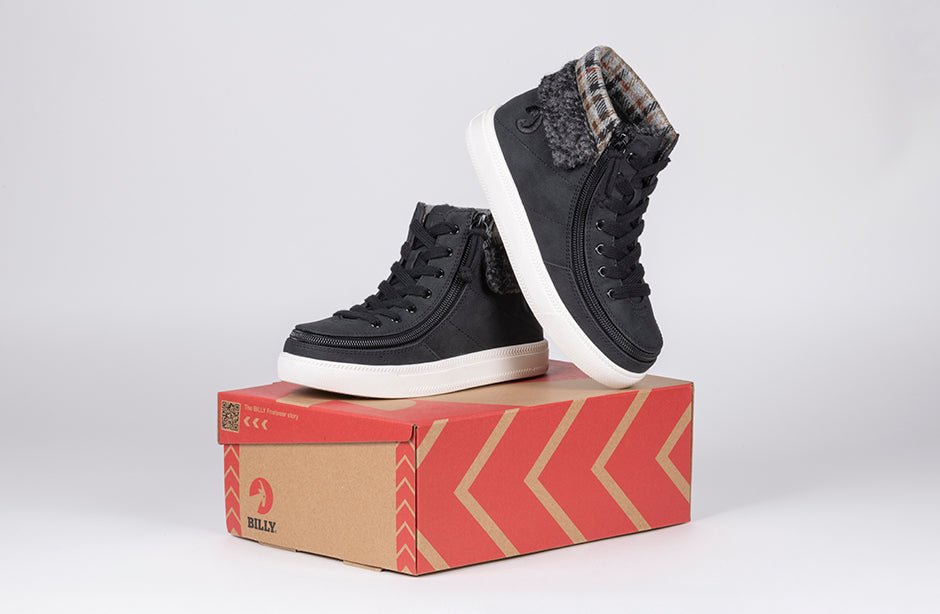 Black BILLY Cuffs high top shoes with flannel and faux fur cuff, ideal for diabetes, plantar fasciitis, bunions, and orthotics.