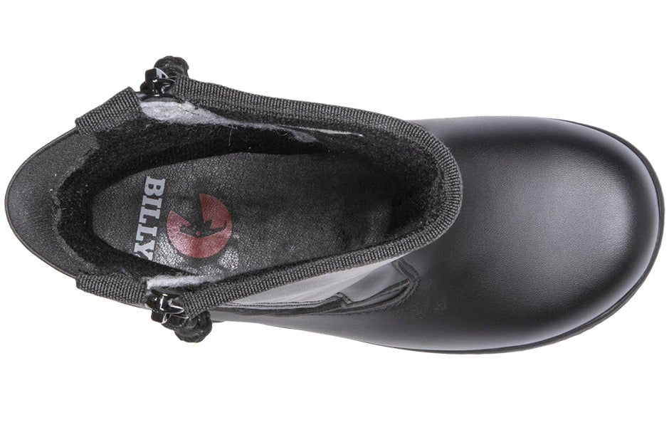 Top view of Black BILLY EZ Boots with dual zippers, ideal for diabetes, plantar fasciitis, bunions, wide feet, and orthotics.