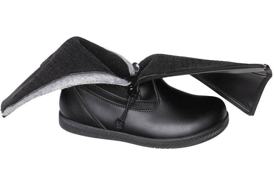 Black BILLY EZ Boots with dual zippers for easy access, ideal shoes for diabetes, plantar fasciitis, bunions, wide feet, and orthotics.