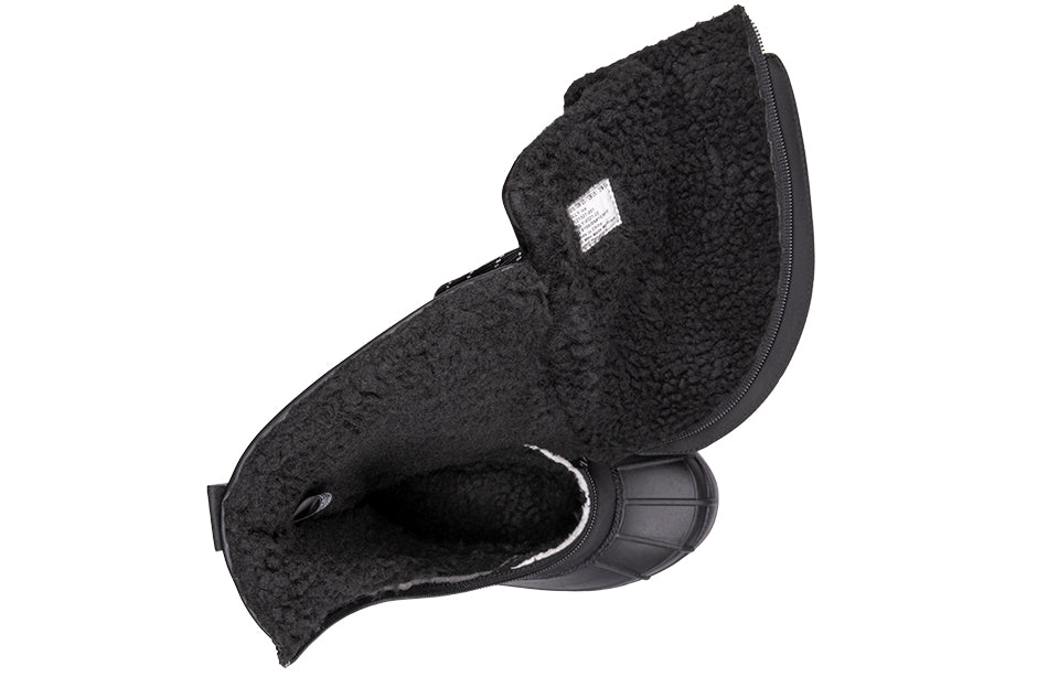 Top view of Black BILLY Ice Winter Boots, highlighting insulated inner fabric for warmth, suitable for diabetes, plantar fasciitis, and orthotics.