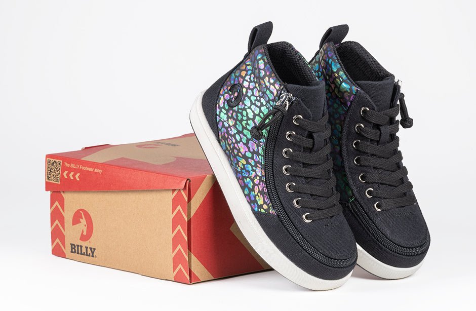 Black Leopard BILLY Classic D|R II High Tops with zipper for easy access, ideal for diabetes, plantar fasciitis, bunions, and orthotics.