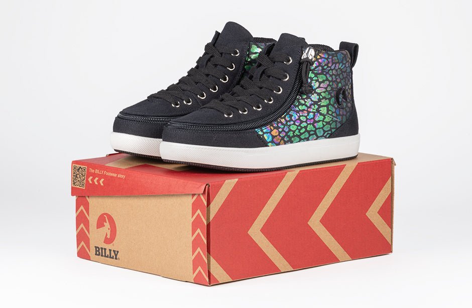 Black Leopard BILLY Classic D|R II High Tops on box, shoes for diabetes, plantar fasciitis, bunions, wide and extra wide feet, orthotics.