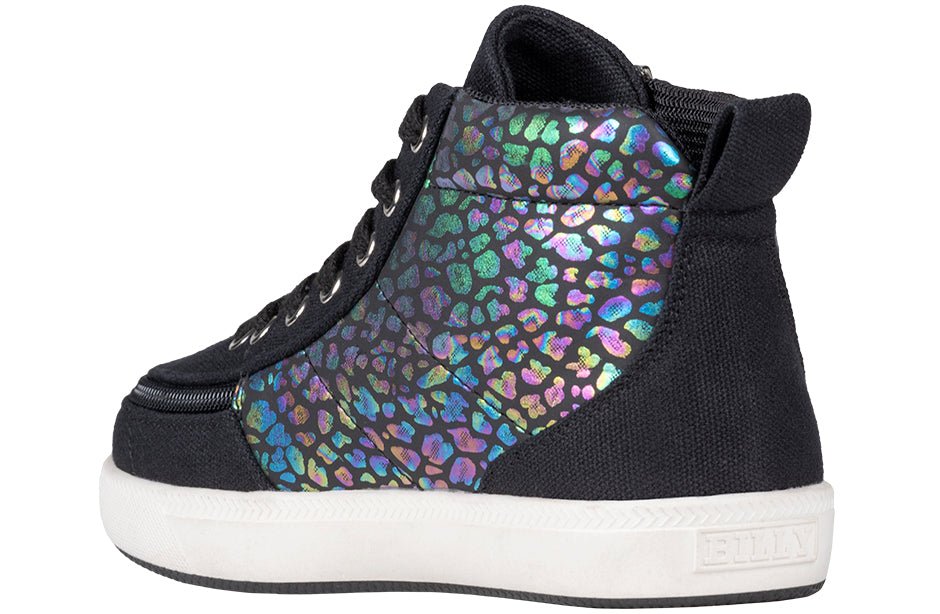 Black Leopard BILLY D|R II High Tops with perimeter zipper, ideal for diabetic shoes, plantar fasciitis, wide feet, wheelchair use.