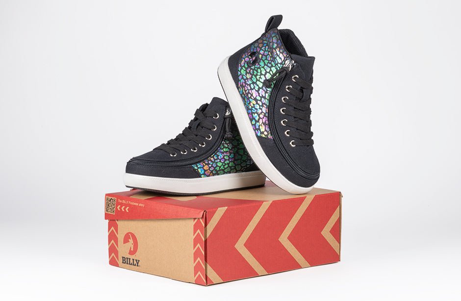 Black Leopard BILLY Classic D|R II High Tops with zipper and laces on a shoebox, suitable for wide feet and orthotics.