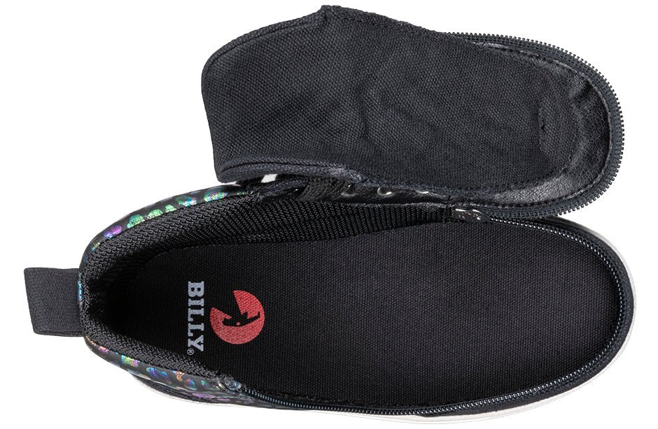 Top view of Black Leopard BILLY Classic D|R II High Tops with open upper and zipper for easy access, ideal shoes for diabetes and wide feet.