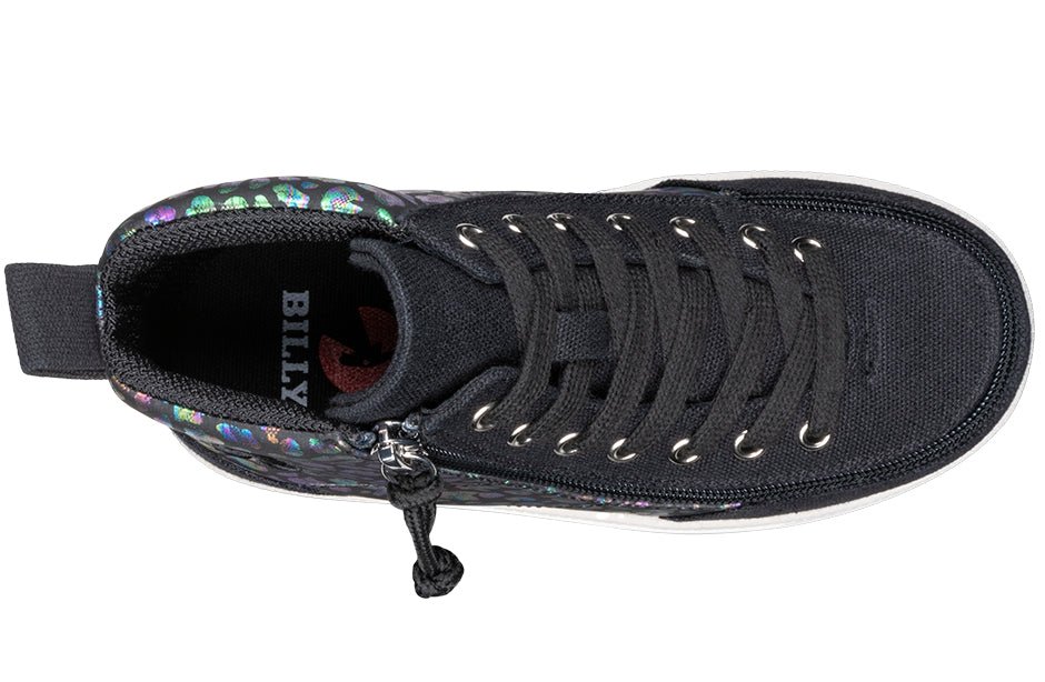 Top view of Black Leopard BILLY Classic DR II High Top shoe with perimeter zipper and adjustable laces for wide and extra-wide feet.