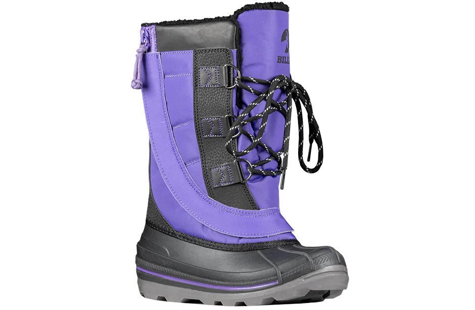 Black and purple BILLY Ice Winter Boots for diabetes, plantar fasciitis, bunions, wide feet, orthotics, and wheelchair use.