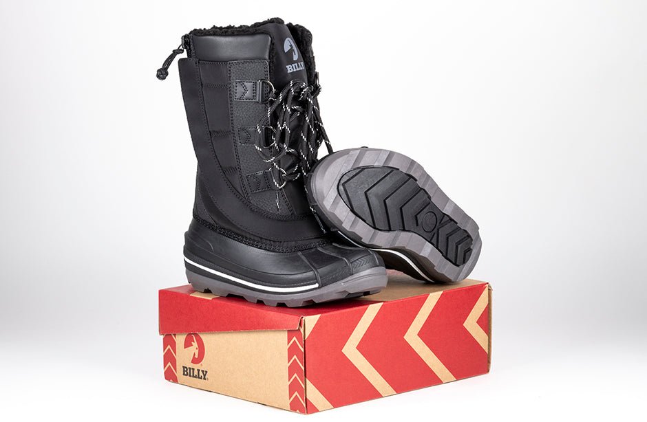 Black BILLY Ice II Winter Boots on box, ideal for diabetes, plantar fasciitis, bunions, wide feet, wheelchair use, and orthotics.