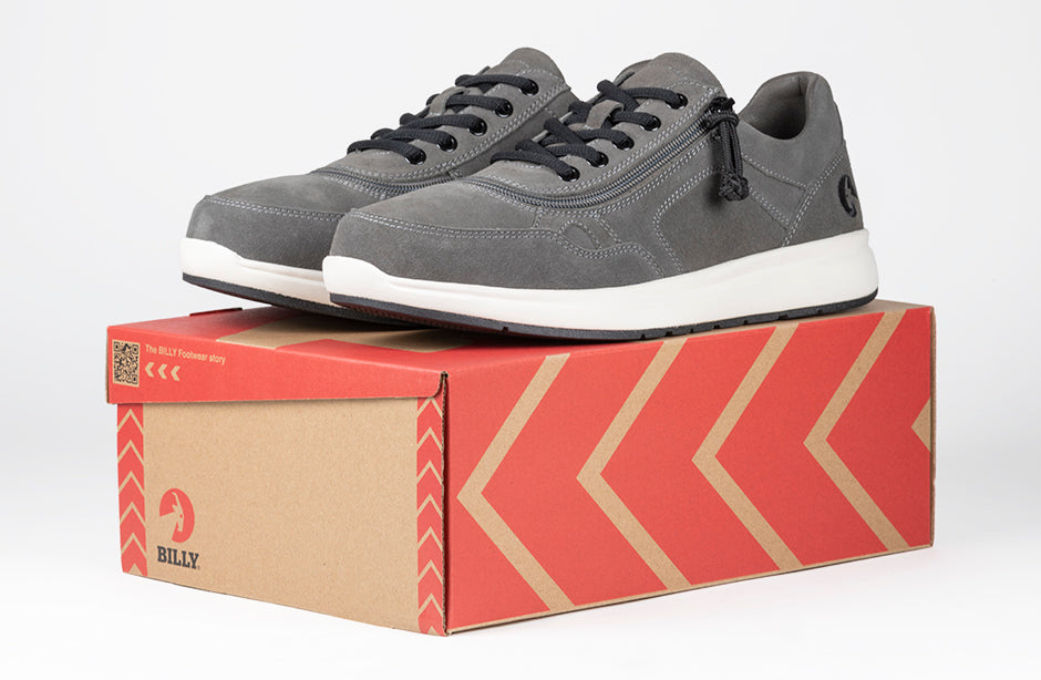Men's Grey Suede BILLY Comfort Joggers on a shoebox, ideal for diabetes, plantar fasciitis, wide feet, and orthotics.