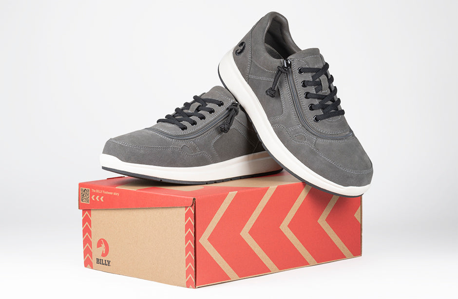 Men's Grey Suede BILLY Comfort Joggers with wraparound zipper on shoe box, ideal for diabetes, plantar fasciitis, and wide feet.
