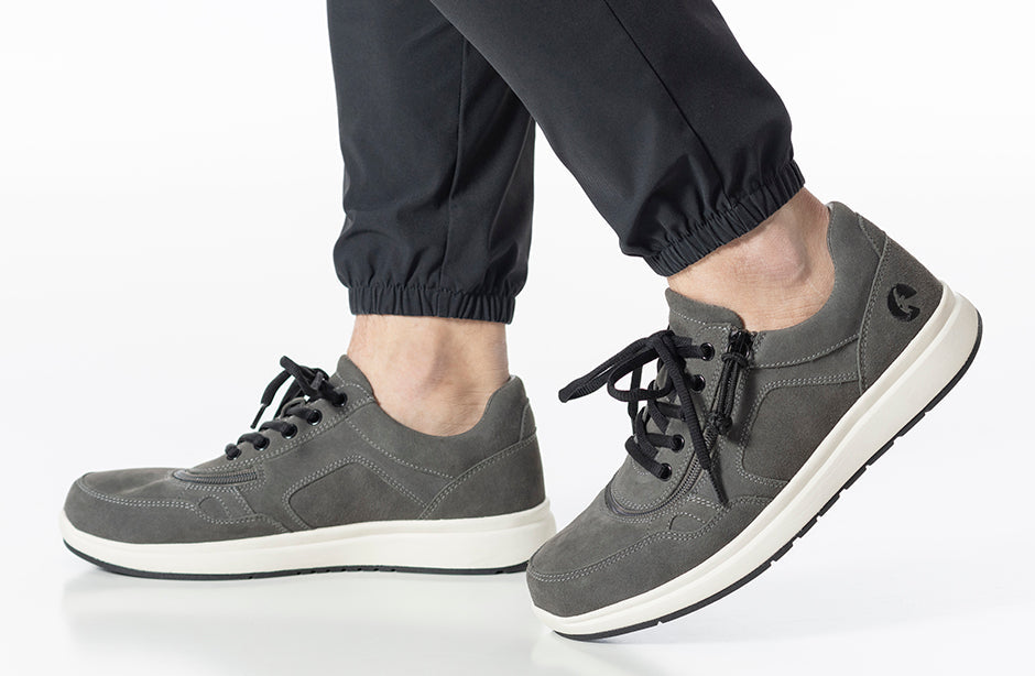 Men's Grey Suede BILLY Comfort Joggers with wraparound zipper, ideal shoes for diabetes, plantar fasciitis, bunions, and wide feet.
