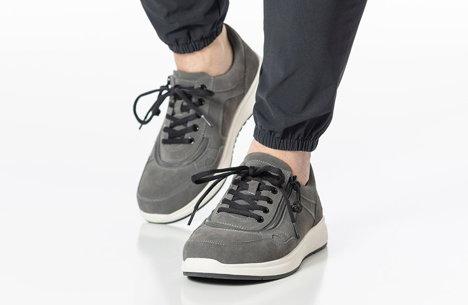 Men's Grey Suede BILLY Comfort Joggers with wraparound zipper, ideal shoes for diabetes, plantar fasciitis, and wide feet comfort.