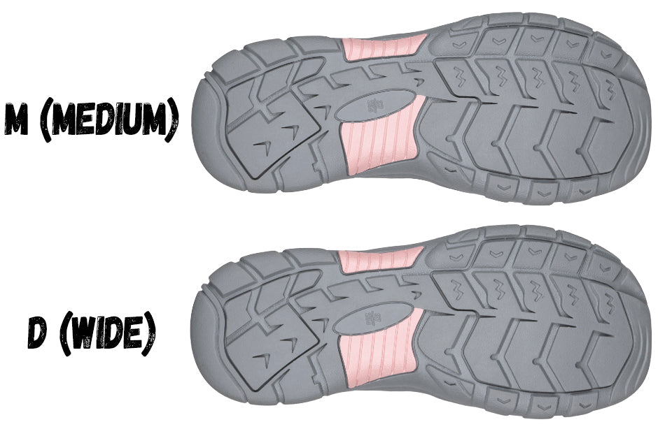 Comparison of sole sizes for medium and wide width sandals with rubber outsoles and pink accents.