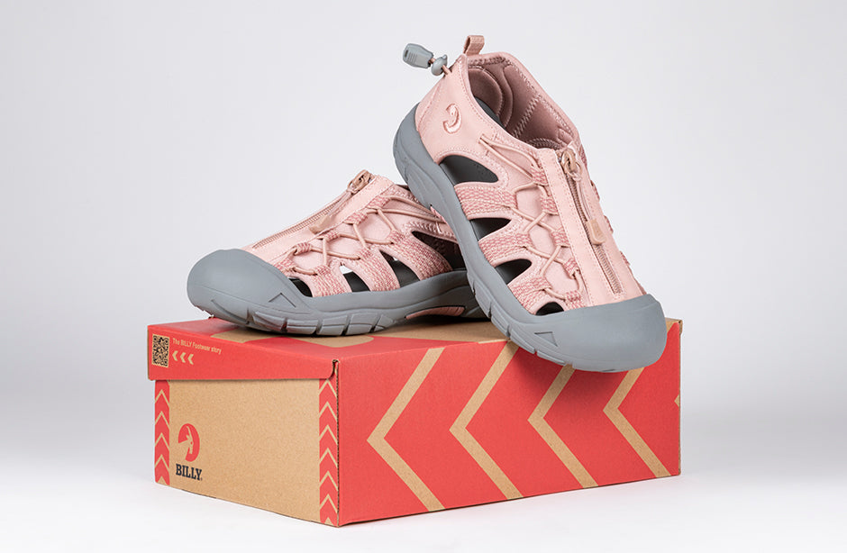 Women's Blush BILLY River Sandals on box; durable faux leather, adjustable bungee, shoes for diabetes, plantar fasciitis, bunions, wide feet.