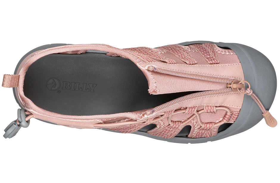 Top view of Women's Blush BILLY River Sandals with zipper, ideal for shoes for diabetes, plantar fasciitis, bunions, and orthotics.