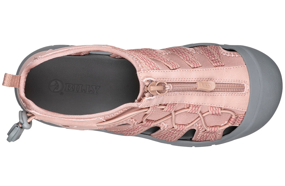 Top view of Women's Blush BILLY River Sandals, featuring step-in design with zipper, ideal for diabetic, plantar fasciitis, and wide feet.