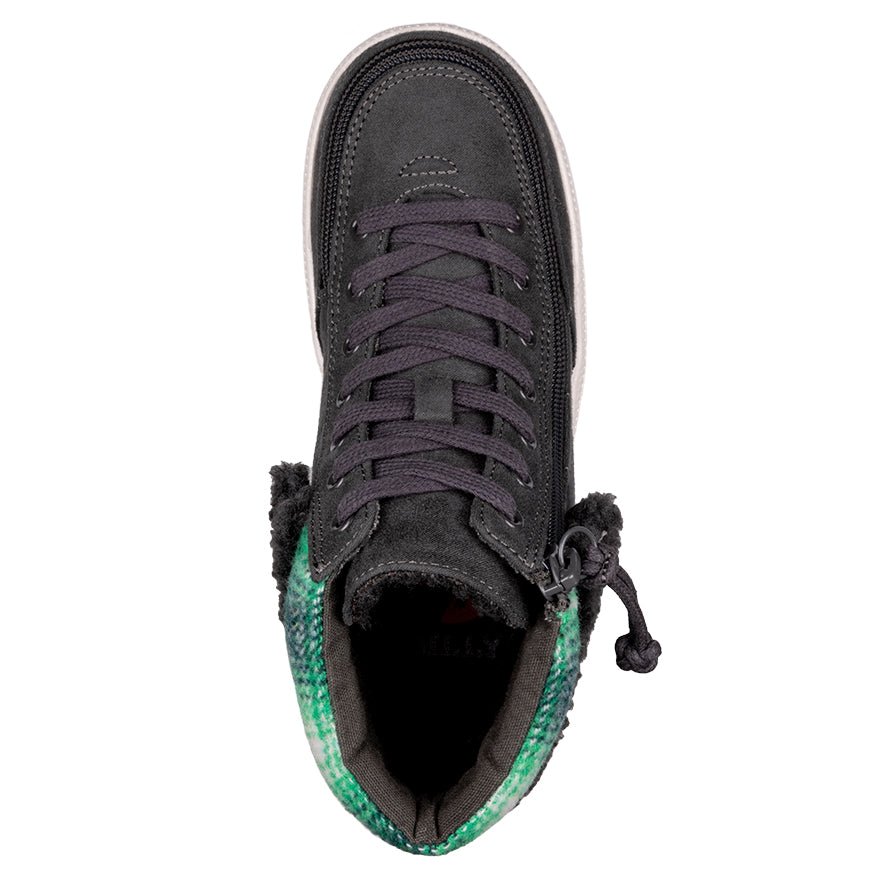 Top view of Charcoal BILLY Cuffs high top shoe, featuring flannel and faux fur cuff, ideal for diabetes, plantar fasciitis, and wide feet.