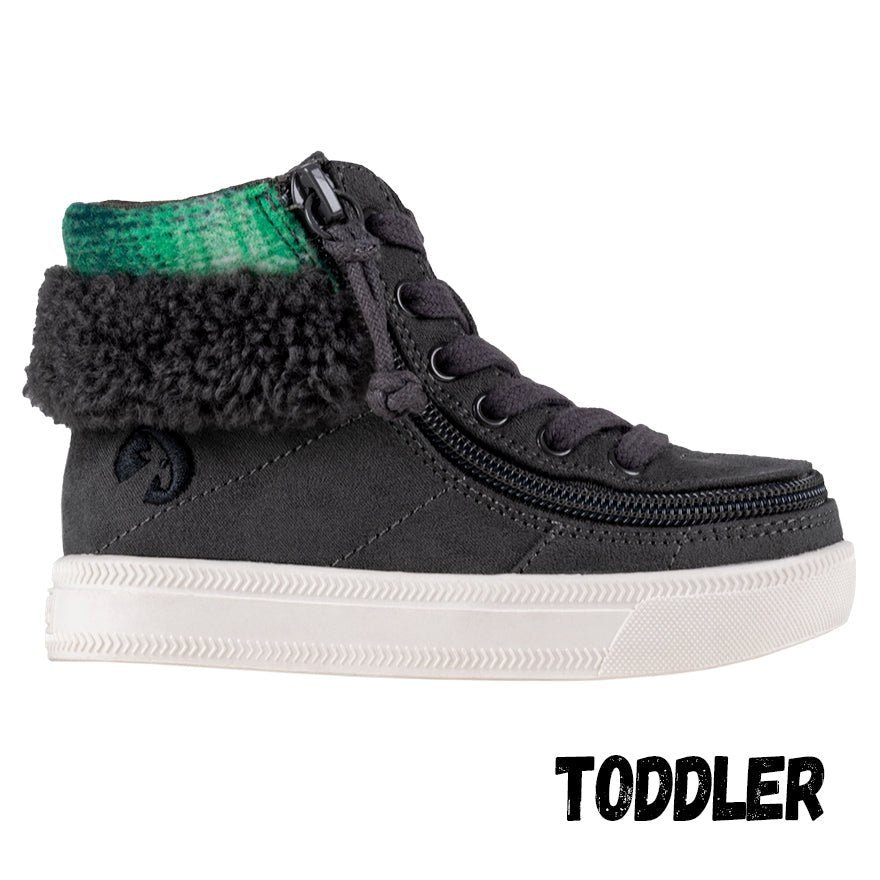 Charcoal BILLY Cuffs toddler high-top shoes with faux fur, ideal for diabetes, plantar fasciitis, bunions, and orthotics.