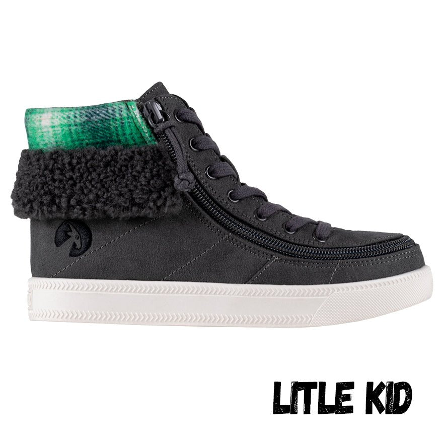 Charcoal BILLY Cuffs high-top shoe for kids, featuring flannel and faux fur cuff, ideal for wide feet, orthotics, and diabetic comfort.