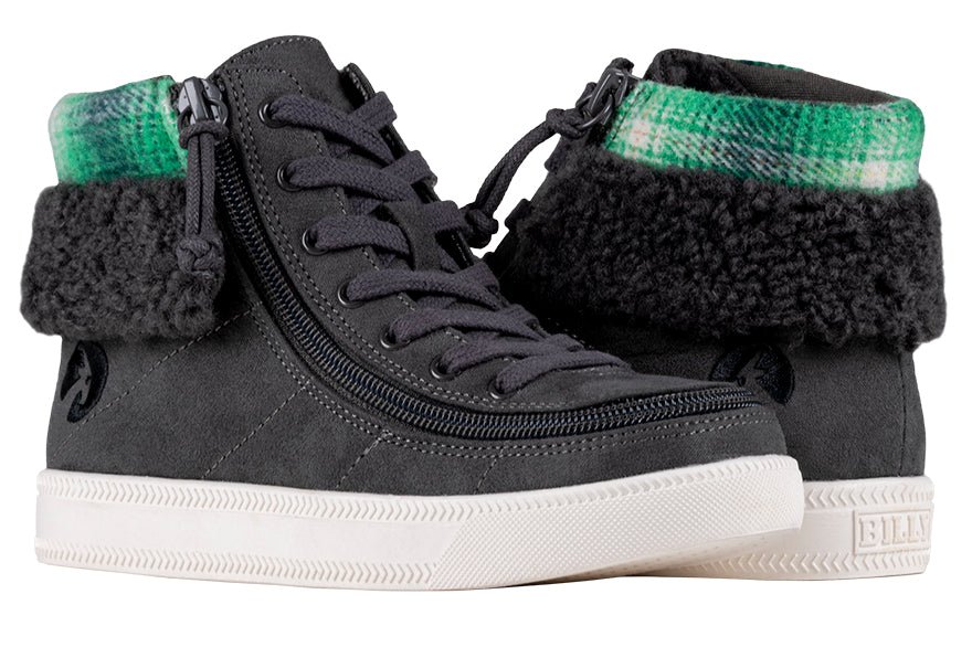 Charcoal BILLY Cuffs high-top shoes with flannel and faux fur cuff, ideal for wide feet, orthotics, diabetes, and plantar fasciitis.
